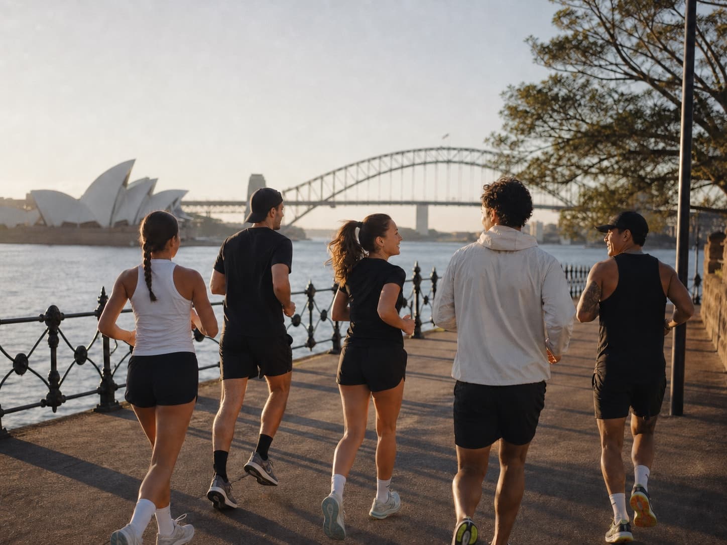 A group of runners moving along Sydney Harbour