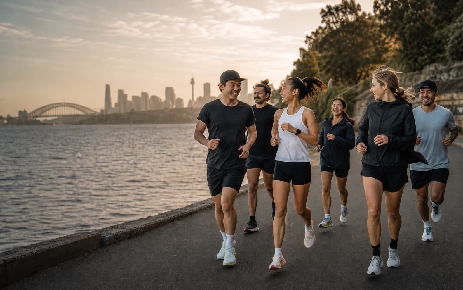 A group of runners moving together beside Sydney Harbour